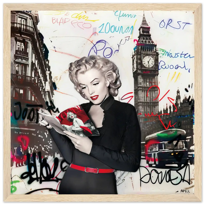 Black and white art of Marilyn Monroe in London with vibrant red lips, Big Ben behind her, and colorful graffiti.-wood-12x12-inches-wooden-framed-print-marilyn-in-london, Graphique Addictions