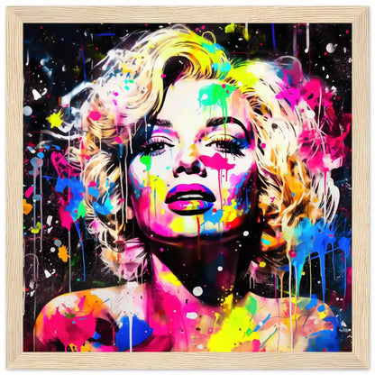 wooden framed print of Marilyn Monroe's face splattered with colorful paint. Marilyn's Splatter-Sensation-Graphique Addictions.