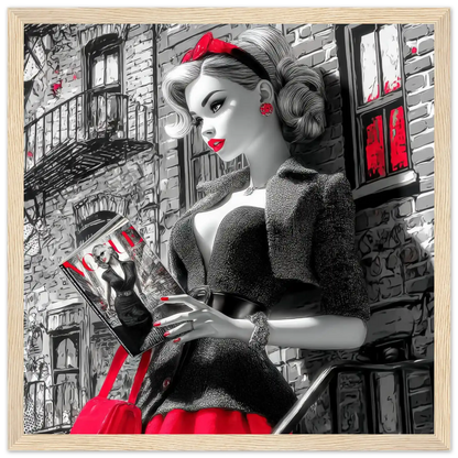 Black and white art of a fashion doll wearing a red skirt and black blazer, on a NYC street corner holding a magazine-wood-12x12-inches-wooden-framed-print-nyc-noir-doll, Graphique Addictions