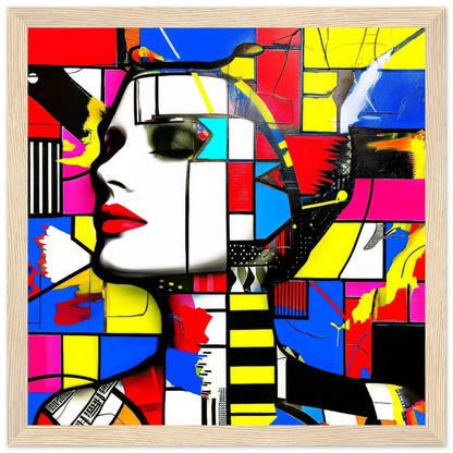 Face with bold geometric patterns in red, blue, yellow, and pink, evoking futuristic charm. Wooden Framed Print-Technicolor Temptress - Framed Print-Graphique Addictions