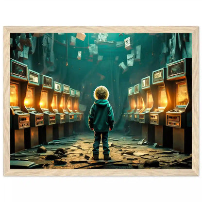 Wooden framed print of little boy standing in an abandoned arcade with broken machines and scattered debris. Forgotten Arcade Room-Graphique Addictions.