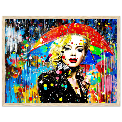Wooden framed print of Marilyn Monroe with an umbrella and colorful painted rain drops. Splash of Elegance-Graphique Addictions.