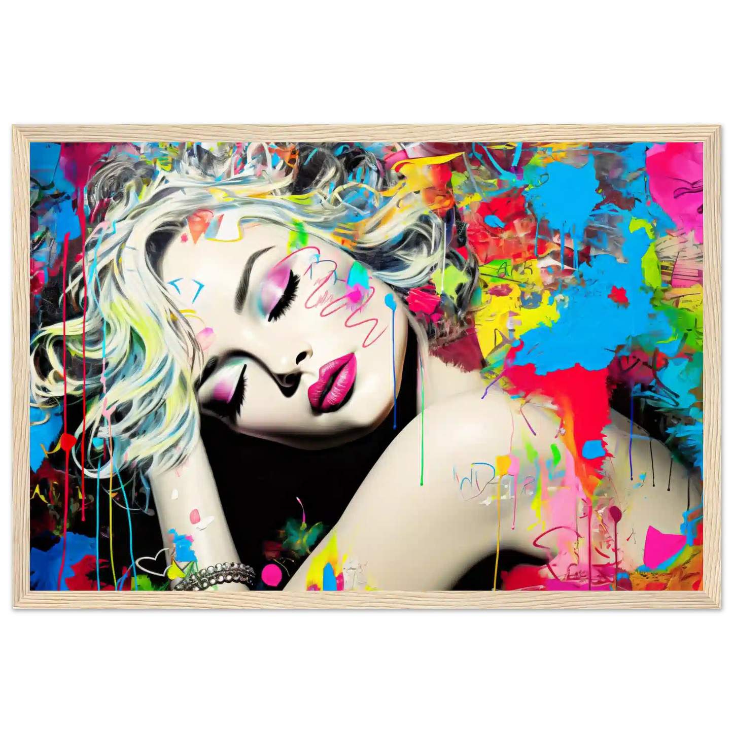 Blonde woman with colorful makeup, tattoos, and graffiti against a backdrop of colorful splashes. Wooden framed artwork titled: Colorful Captivation-Graphique Addictions. 