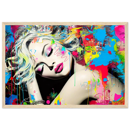 Blonde woman with colorful makeup, tattoos, and graffiti against a backdrop of colorful splashes. Wooden framed artwork titled: Colorful Captivation-Graphique Addictions. 