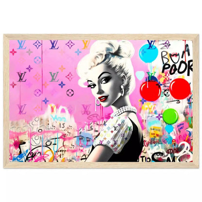 Wooden framed print of a barbie inspired doll wearing a black dress with white ruffles against a bubblegum pink backdrop of colorful LV monograms and graffiti and balloons. Luxe Pink Vuitton-Graphique Addictions.