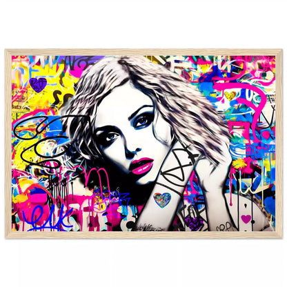 Wooden framed print of a close-up of Madonna's face surrounded by colorful graffiti. Madonna's Street Art Sensation-Graphique Addictions.