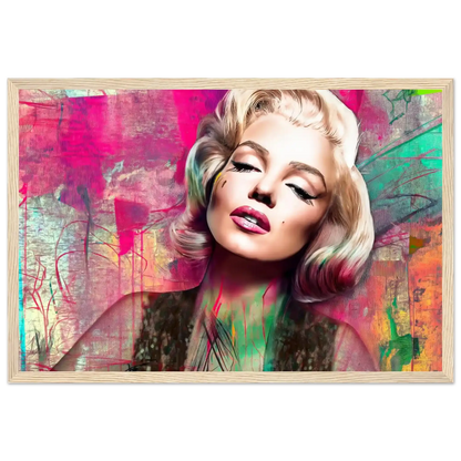 Abstract portrait of Marilyn Monroe with pink lips and lime green graffiti-style background-wood-12x18-inches-wooden-framed-print-marilyns-candy-lime-collage-framed-print, Graphique Addictions