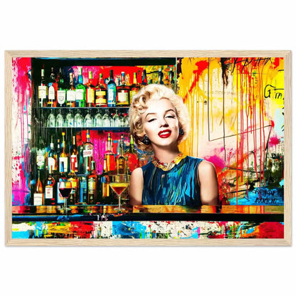 Wooden frame of Marilyn Monroe standing behind a bar with alcohol bottles on the shelves, vibrant abstract colors, graffiti, and paint. Monroe's Cocktail Hour-Graphique Addictions.