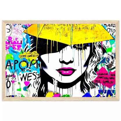 wooden framed Print close-up of womans face with pink lips,  a yellow umbrella is above her, white background with colorful dripping paint. Radiant Umbrella Comic Burst-Graphique Addictions.