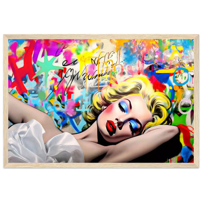 Blonde woman in a white dress lying down, with blue eyeshadow and red lipstick, against a vibrant graffiti wall. Wooden Framed Print-Street Style Serenade -Graphique Addictions
