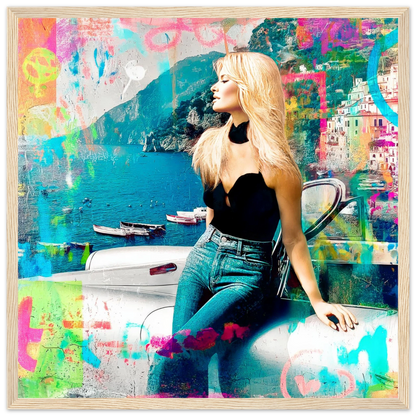 collage art painting of brigitte bardot in italy at the coast of amalfi leaning against a white corvette-wooden-framed-print-amalfi-coast-pop-framed-print-11, Graphique Addictions