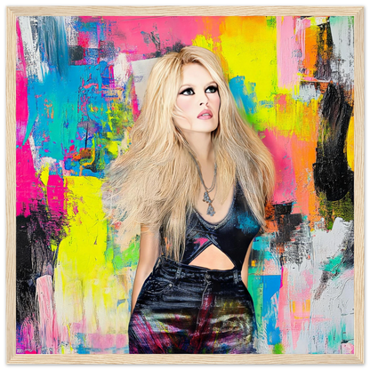 art print of brigitte bardot wearing black jeans and top against a vibrant abstract painting of colorful brushsrokes-graphique addictions-wood-wooden-framed-print-brushstroke-bardot, Graphique Addictions