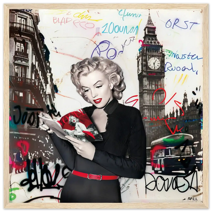 Black and white art of Marilyn Monroe in London with vibrant red lips, Big Ben behind her, and colorful graffiti.-wood-16x16-inches-wooden-framed-print-marilyn-in-london-16, Graphique Addictions