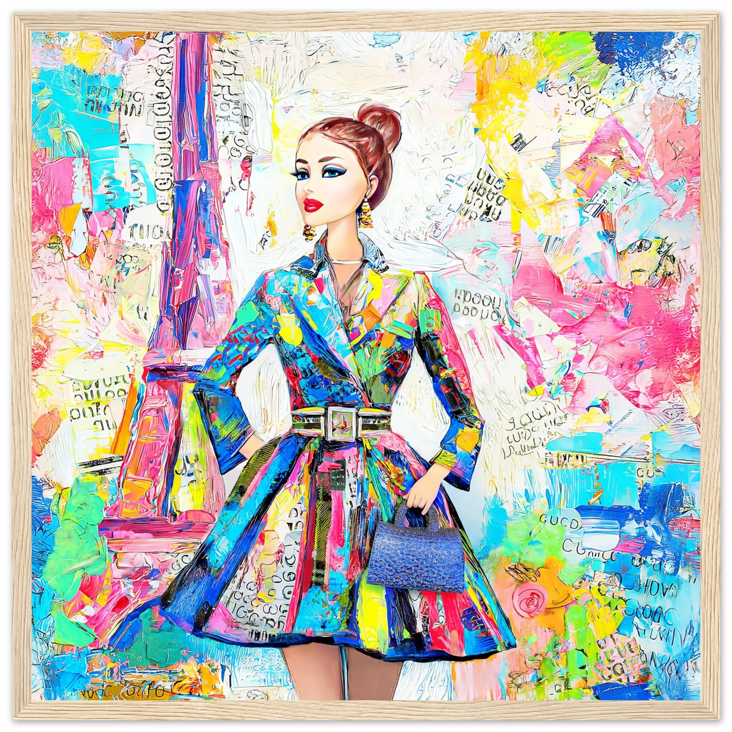 colorful art of a doll figure wearing a trench coat against a Parisian backdrop carrying a blue handbag-wood-16x16-inches-wooden-framed-print-monet-paris-dior, Graphique Addictions