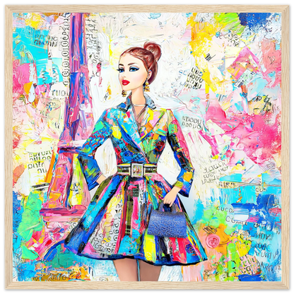 colorful art of a doll figure wearing a trench coat against a Parisian backdrop carrying a blue handbag-wood-16x16-inches-wooden-framed-print-monet-paris-dior, Graphique Addictions