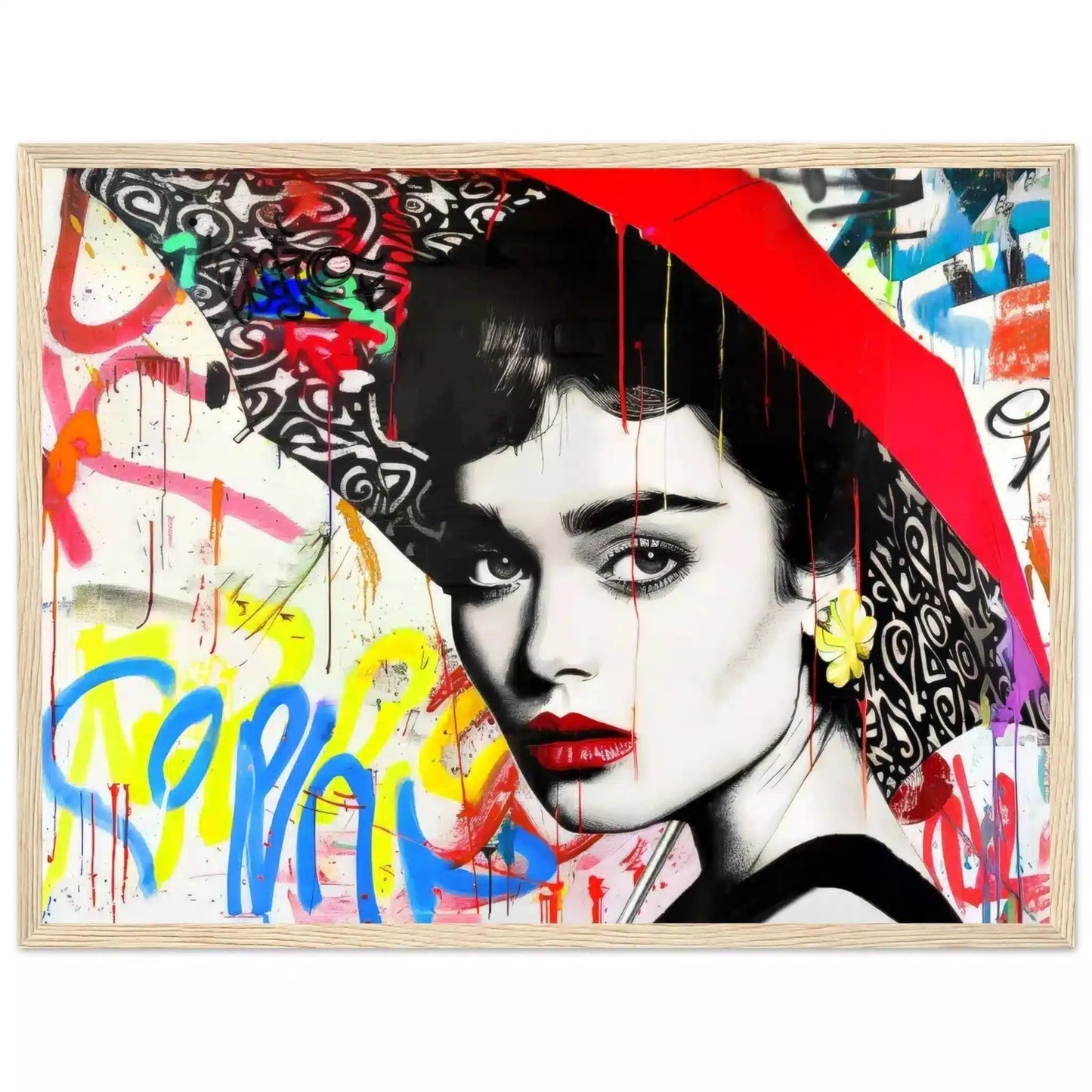 Wooden frame of Audrey Hepburn holding a red umbrella, white backdrop of yellow, blue, and red street-art. Graffiti Rainstorm-Graphique Addictions. 