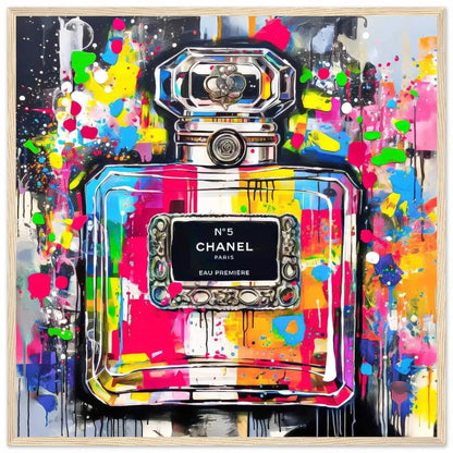 Chanel No5 perfume bottle with colorful graffiti splashes on a gray gradient background. Wooden Framed Print-Urban Eau de Chanel-Graphique Addictions