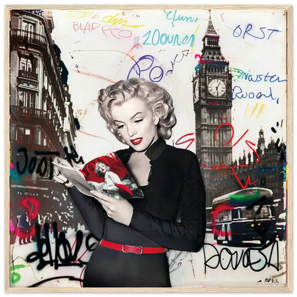 Black and white art of Marilyn Monroe in London with vibrant red lips, Big Ben behind her, and colorful graffiti.-wood-28x28-inches-wooden-framed-print-marilyn-in-london-14, Graphique Addictions