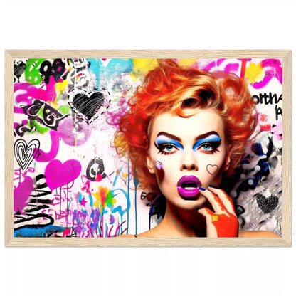 Chic Chaos: Red-haired woman against a backdrop of colorful graffiti art, hearts, and butterflies in a wooden frame-Graphique Addictions.